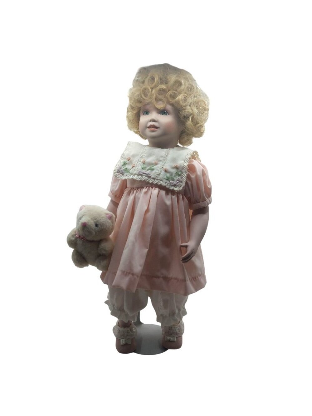 Royal Heirloom Collection Porcelain Doll Teddy Bear Blonde Curly Hair Blue Eyes